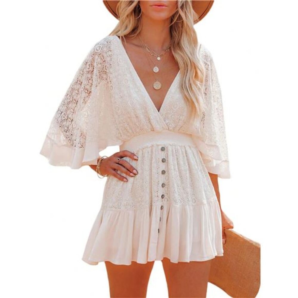 Boho Women's Lace Floral V Neck Button Short Mini Dresses Somcked Waist - Picture 7 of 9
